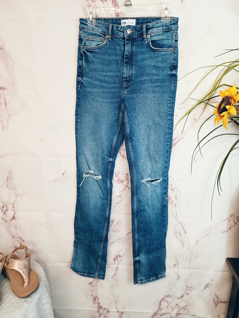 Zara High Rise Split Hem Distressed Skinny Jeans Medium Wash Size 6 - Picture 4 of 7